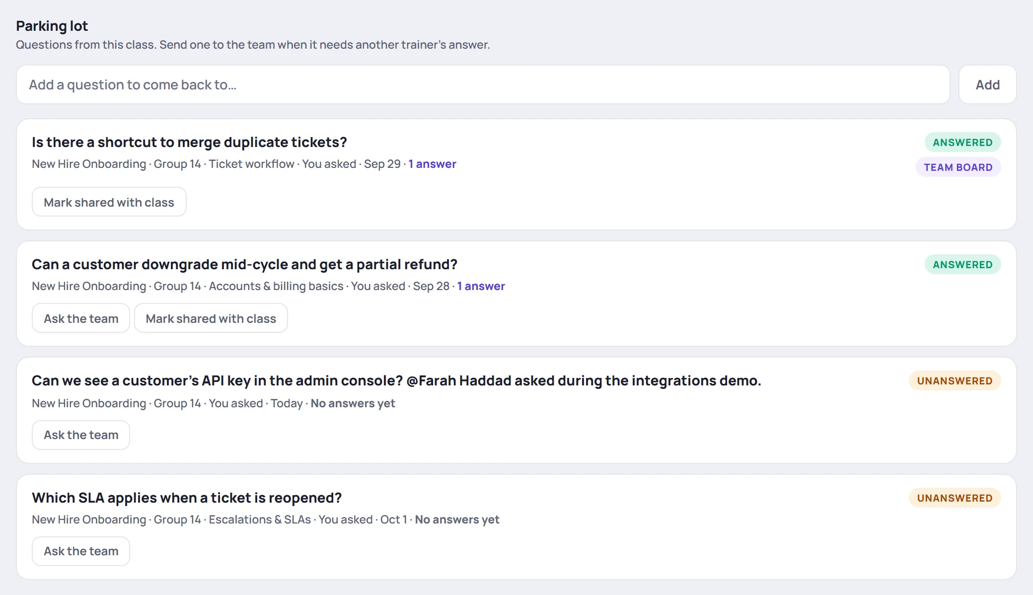 The class's Questions tab: the Parking lot list with statuses, Ask the team and Mark shared with class buttons