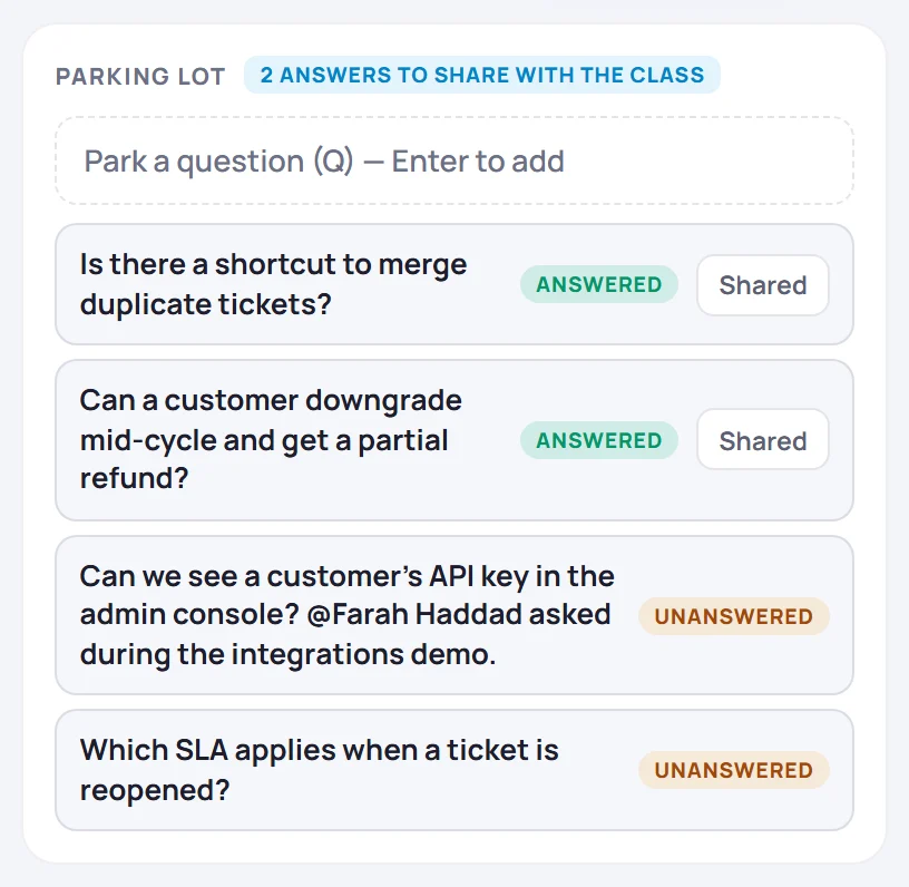 The live-mode parking lot, with a box to park a question and the class's open questions