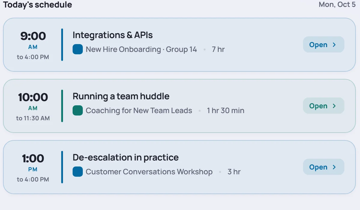 Today's schedule: three sessions with their times, classes and an Open button each