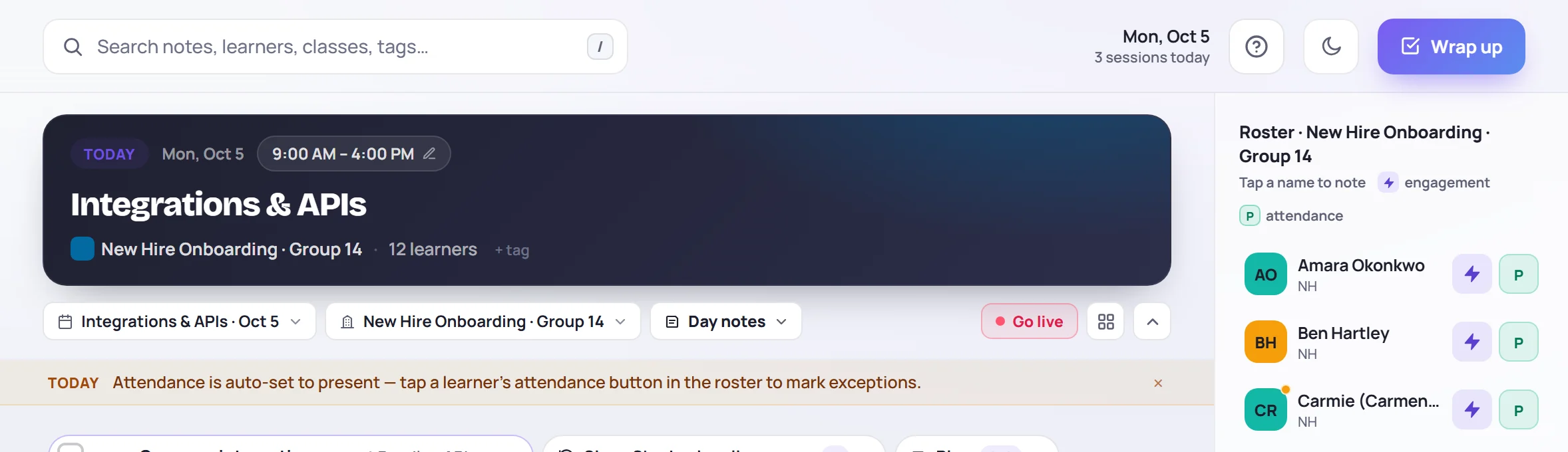 Today's session: its title and class, Go live, the notes menus and the roster on the right