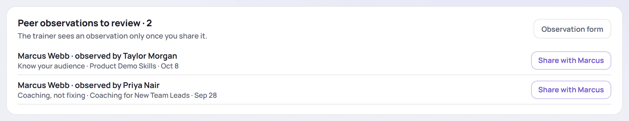 Peer observations to review, with a Share button for each