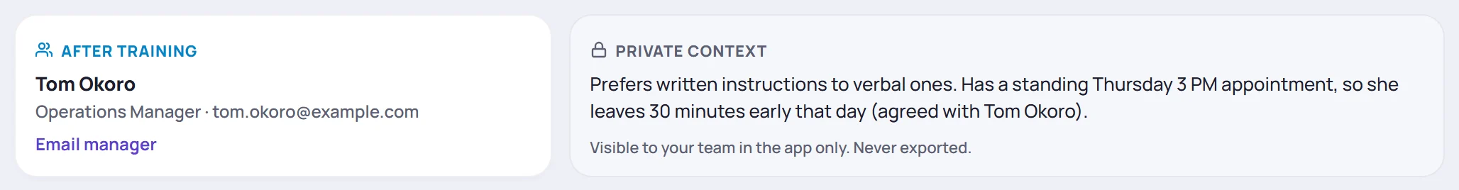 The After training and Private context cards on a learner's Overview