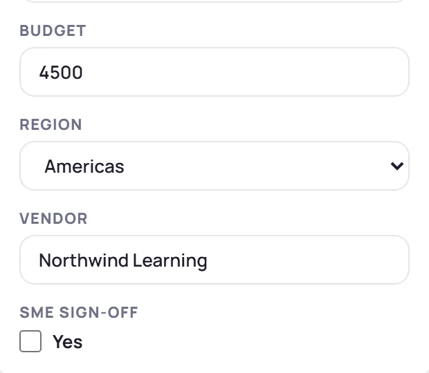 A project's Details with its custom fields: Budget, Region, Vendor and SME sign-off