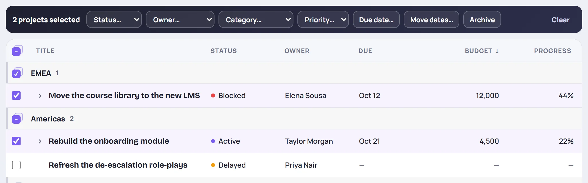 The bar for the selected projects: status, owner, category, priority, due date, move dates and archive