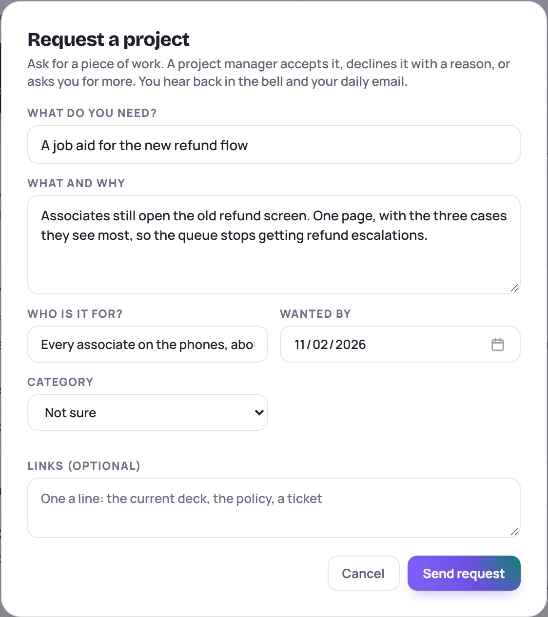 The Request a project window: what you need, what and why, who it's for, wanted by, category and links