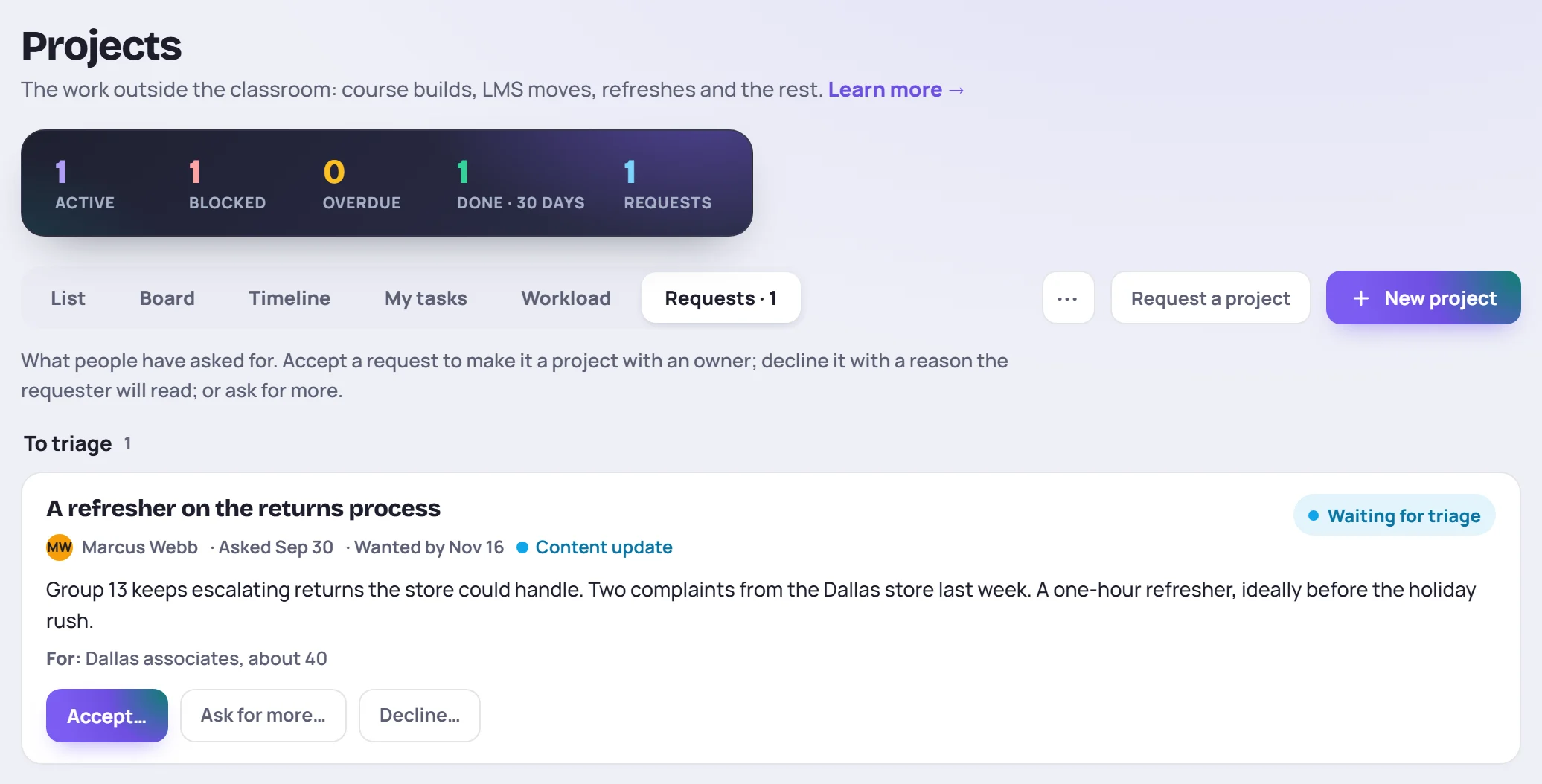 The Requests view: a request with who asked, when, the date wanted and its reasons, and the Accept, Ask for more and Decline buttons