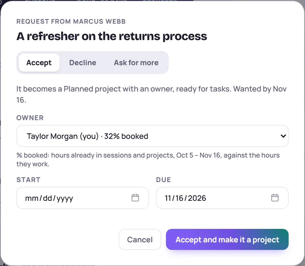 The triage window on Accept: the owner, with how booked each person is, and the start and due dates
