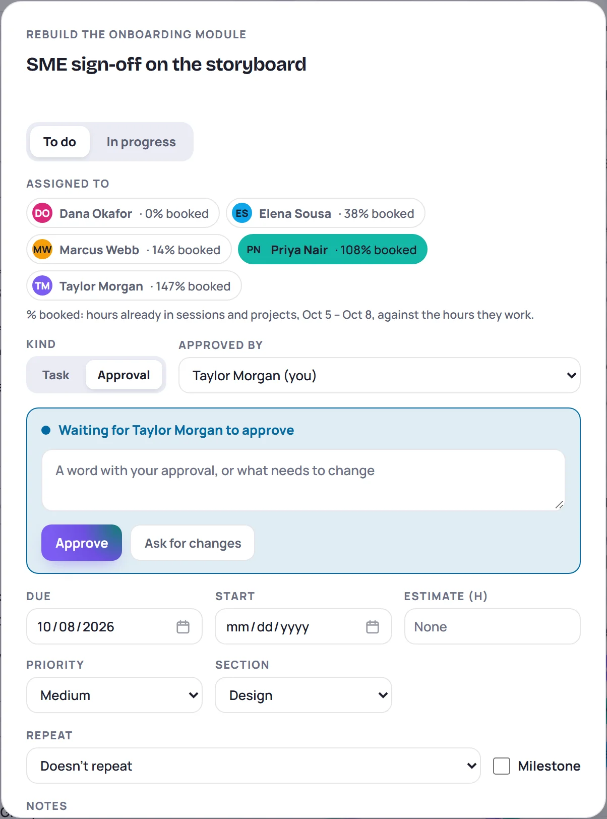 A task opened as an approval: the Kind switch, Approved by, and the approval box with Approve and Ask for changes
