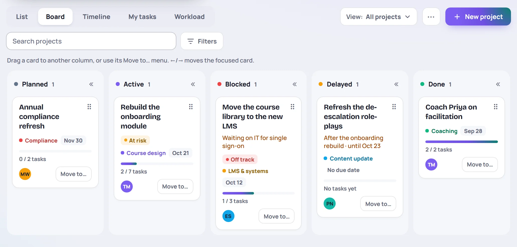 The board: a column each for Planned, Active, Blocked, Delayed and Done, with a card for each project