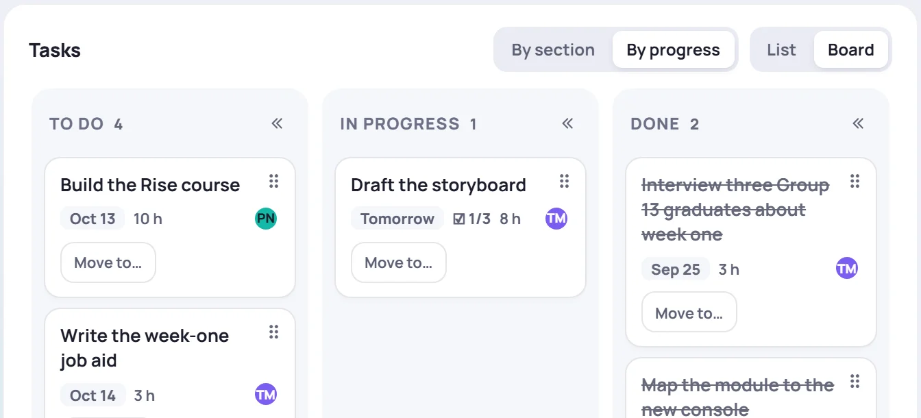 A project's tasks on a board, grouped by progress: To do, In progress and Done
