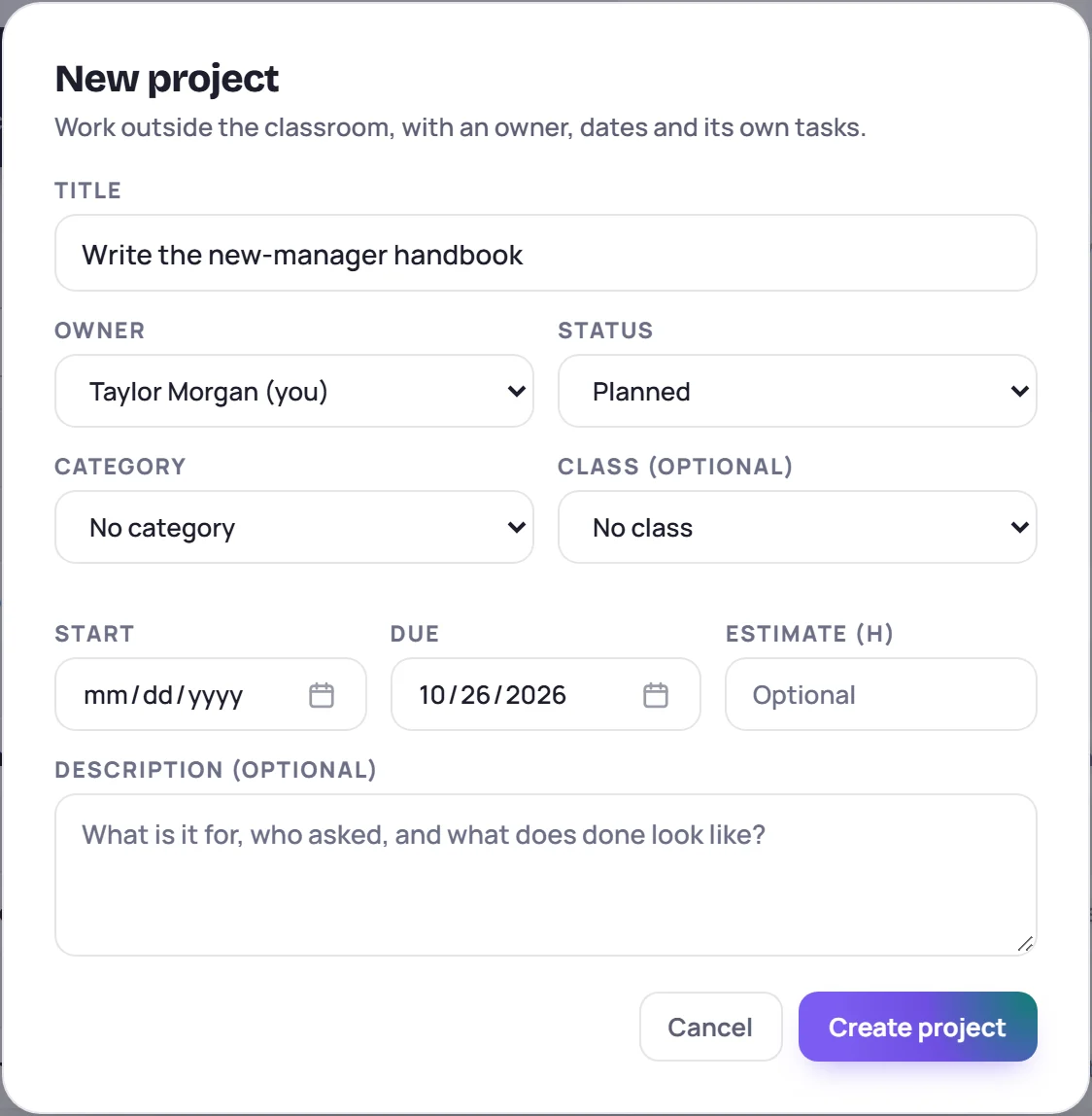 The New project window: title, owner, status, category, class, dates, estimate and description