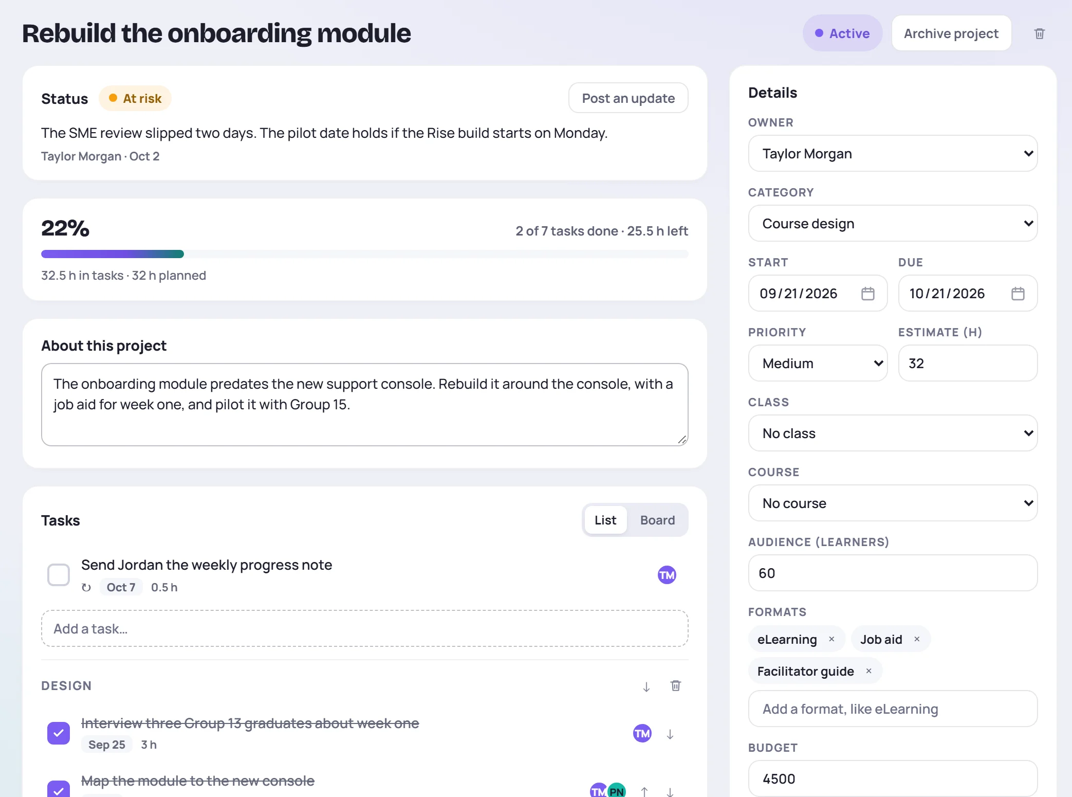 A project: progress at the top, the description, the tasks in their sections, and the details beside them