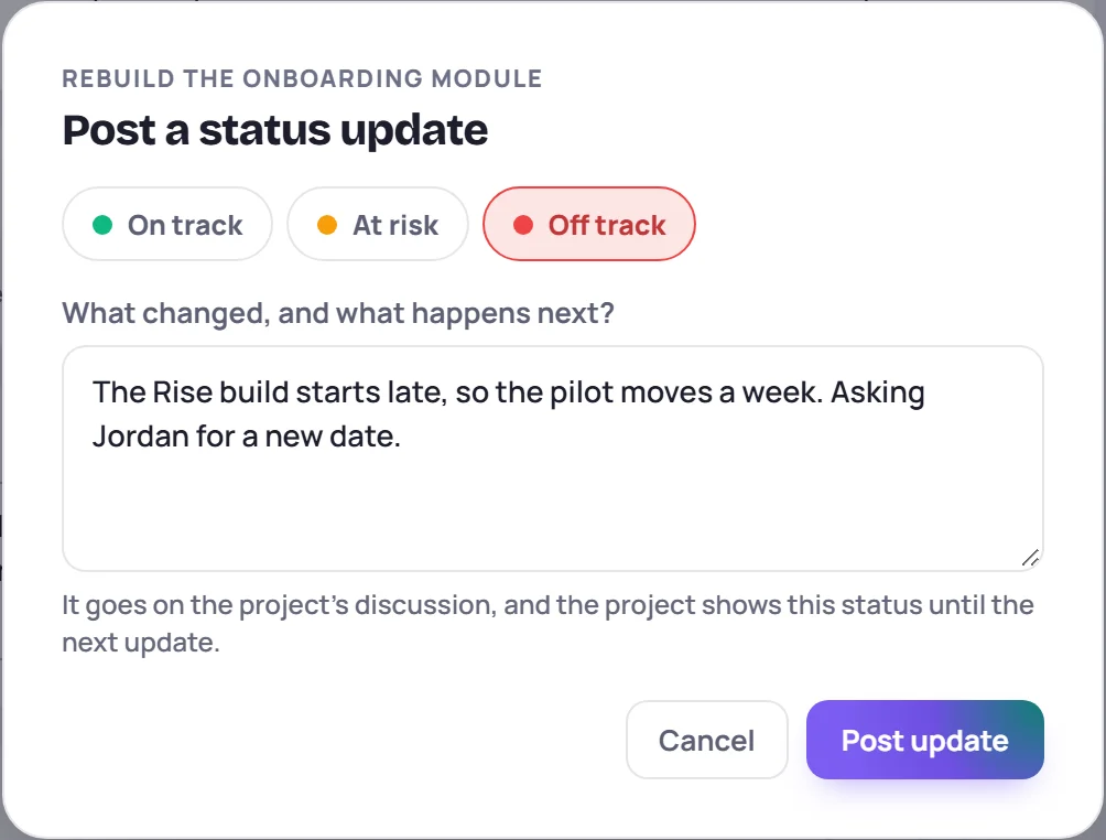 The Post a status update window: On track, At risk and Off track, and a box for what changed