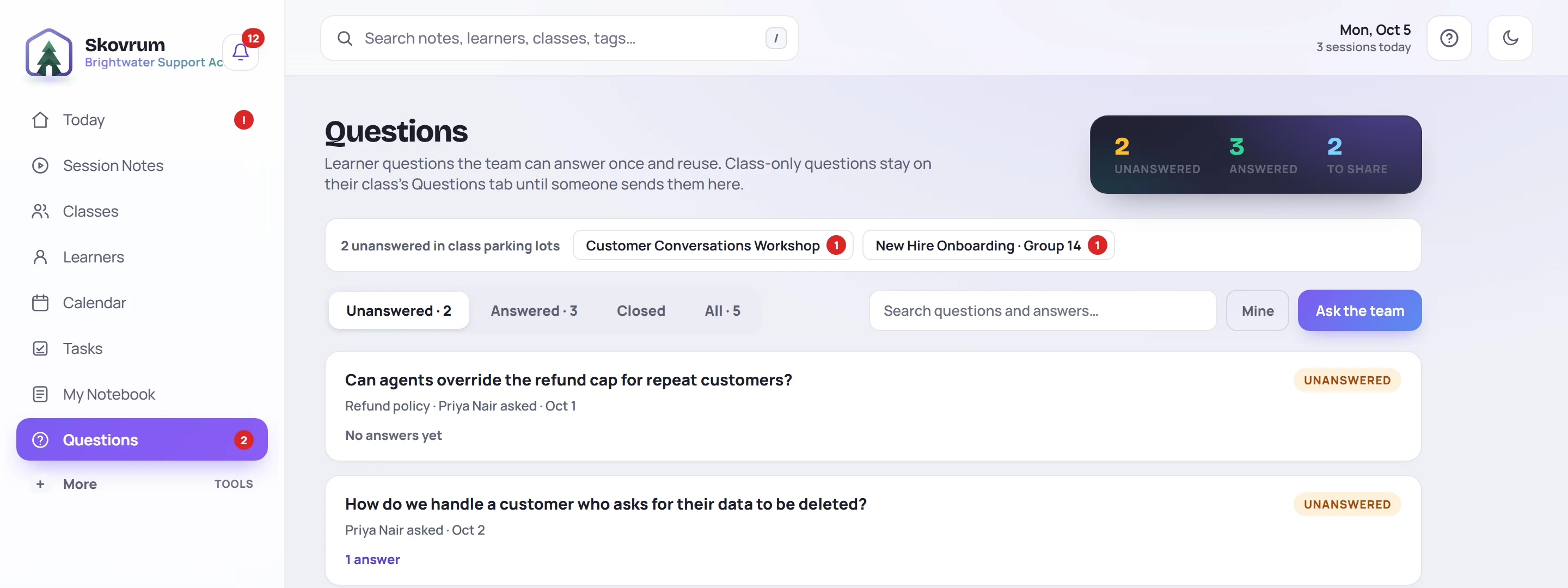 The Questions board: counts at the top, the classes with unanswered parked questions, the status tabs, search, Mine and Ask the team
