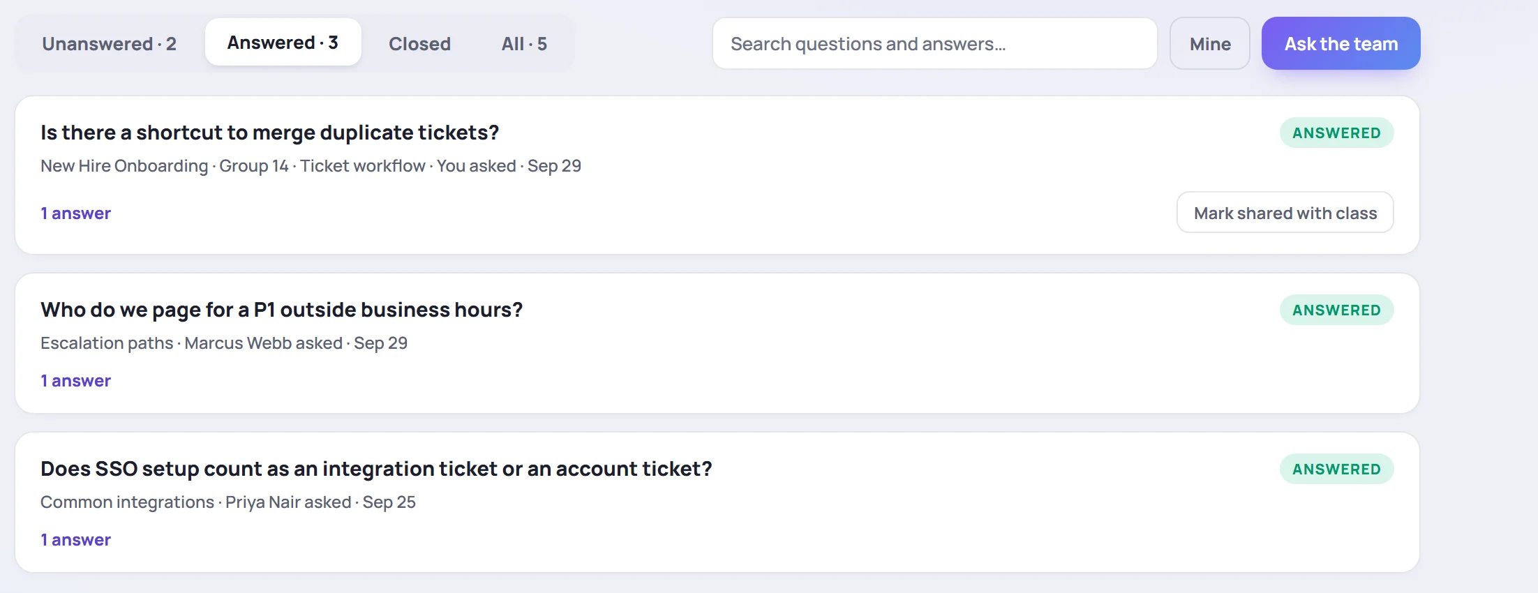The Answered tab: three answered questions, one with a Mark shared with class button
