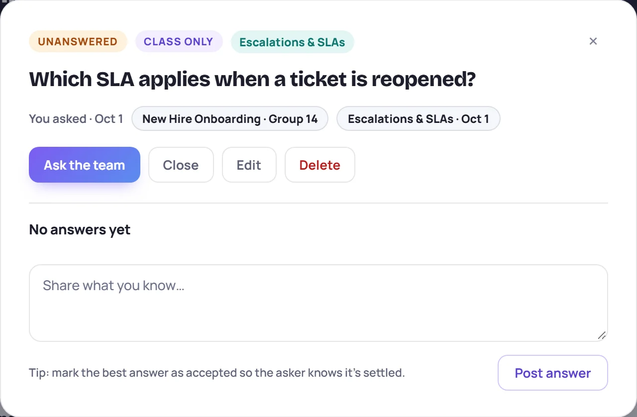 A class-only question, open, with Ask the team, Close, Edit and Delete
