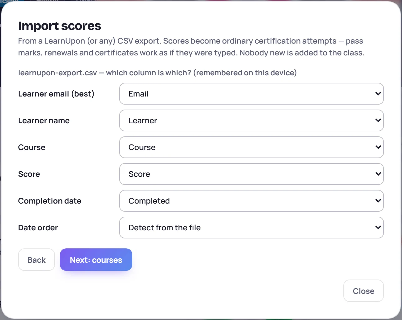 Matching columns: Email, Learner, Course, Score and Completed, with Date order on Detect from the file