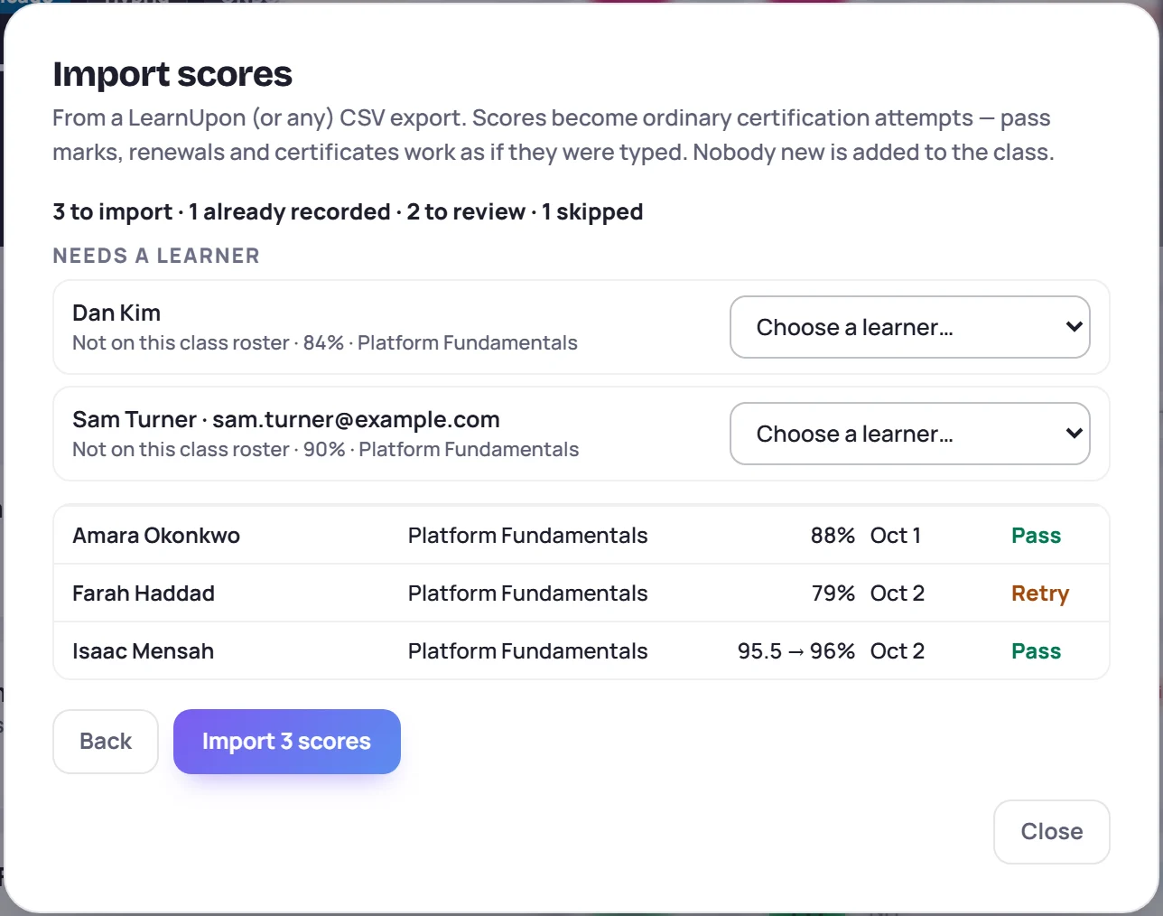 The preview: Dan Kim and Sam Turner need a learner; Amara Okonkwo (88%, Pass), Farah Haddad (79%, Retry) and Isaac Mensah (95.5 rounded to 96%, Pass) will be imported