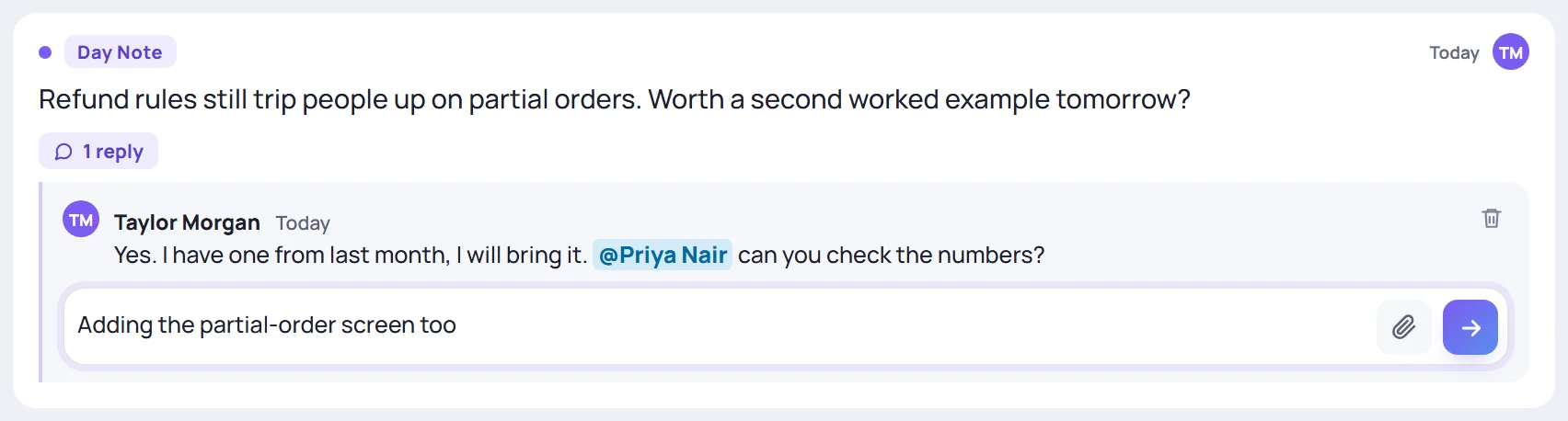 A note with one reply that mentions Priya Nair, and a second reply being typed