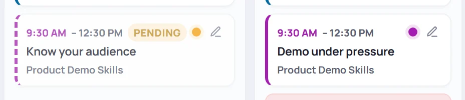 A pending session on the calendar has a PENDING label and a dashed edge