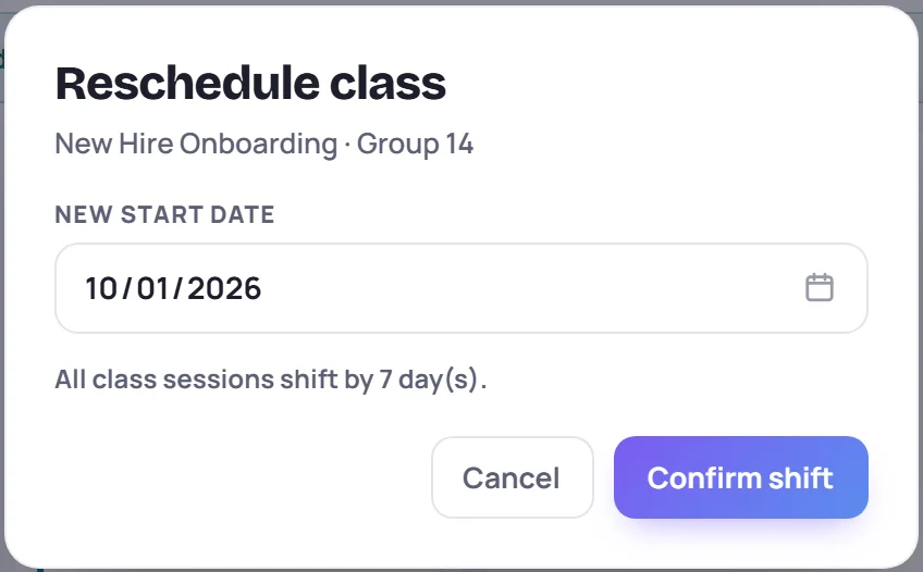 Reschedule class: a new start date, and how many days every session will move