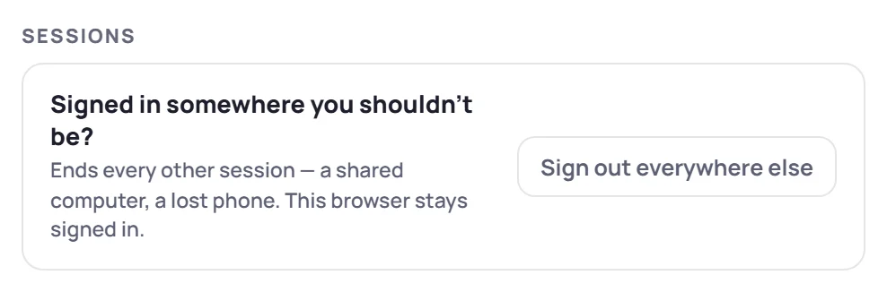 Account settings: "Signed in somewhere you shouldn't be?" with the Sign out everywhere else button