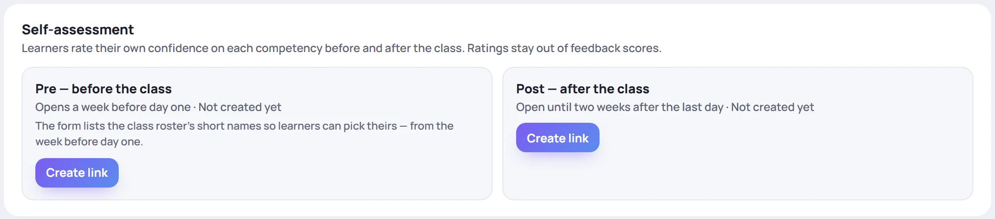 The Self-assessment card before any links exist: Pre — before the class, and Post — after the class, each with Create link