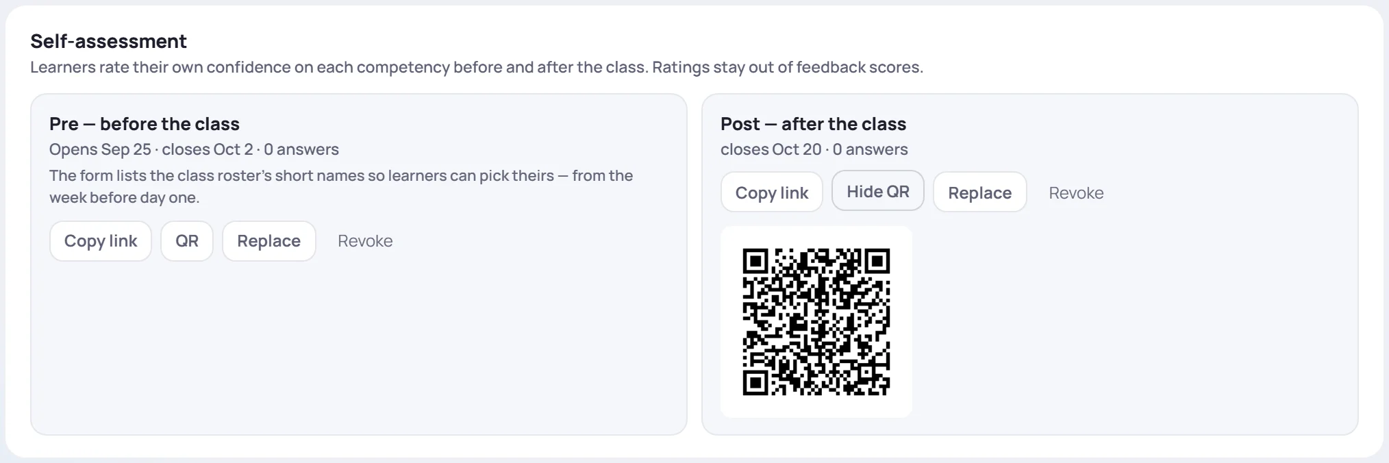 Both links created: Pre opens Sep 25 and closes Oct 2; Post closes Oct 20. Copy link, QR, Replace and Revoke; the Post QR code is showing