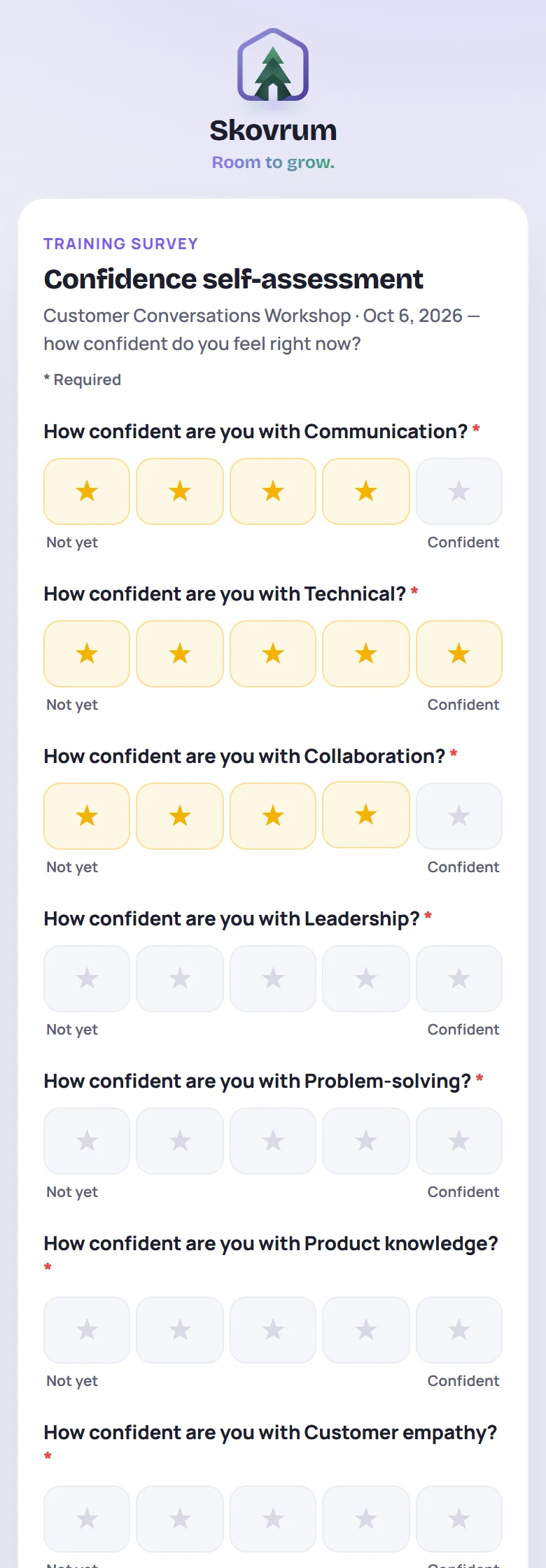 The Post form on a phone: How confident are you with Communication? and more, each with five stars from Not yet to Confident