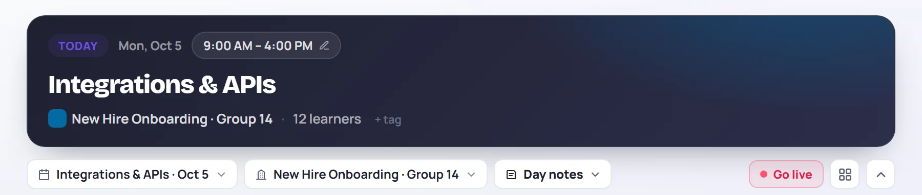The session header: a TODAY badge, the date, the time, the session name, the class and the learner count