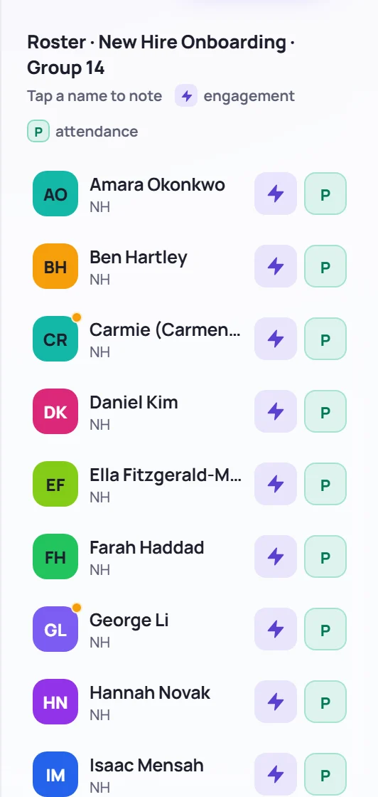 The roster: each learner with an engagement button and an attendance button