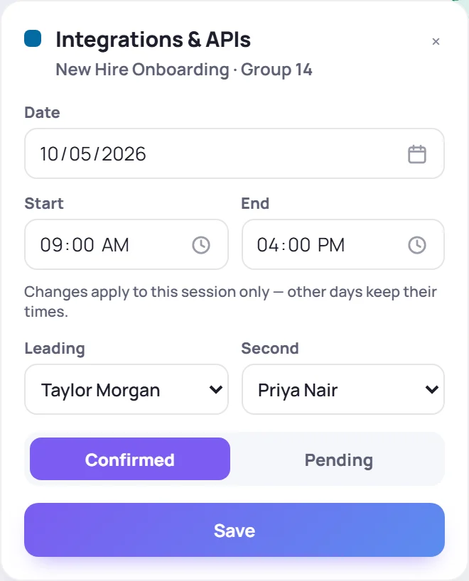 The schedule form: Date, Start and End, Leading and Second trainer, Confirmed or Pending, and Save