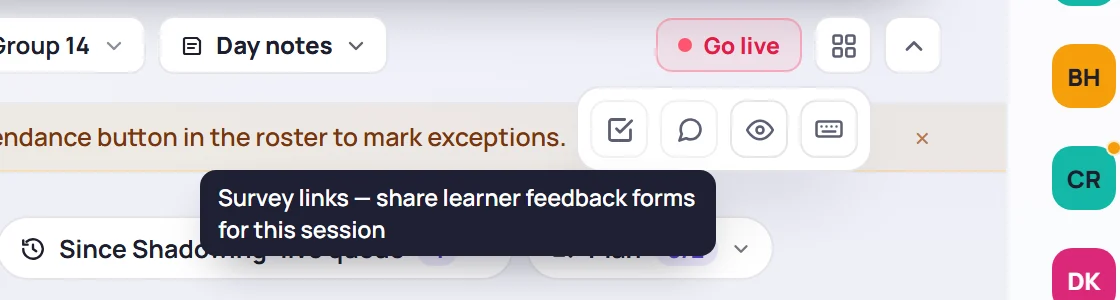 The session tools open, with the Survey links tooltip: share learner feedback forms for this session
