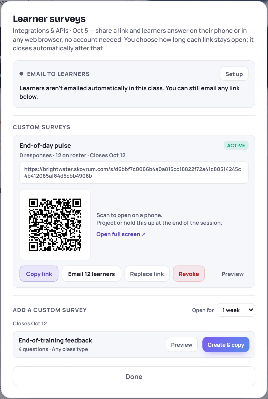 A session's End-of-day pulse link: its address, a QR code, and Copy link, Email 12 learners, Replace link, Revoke and Preview