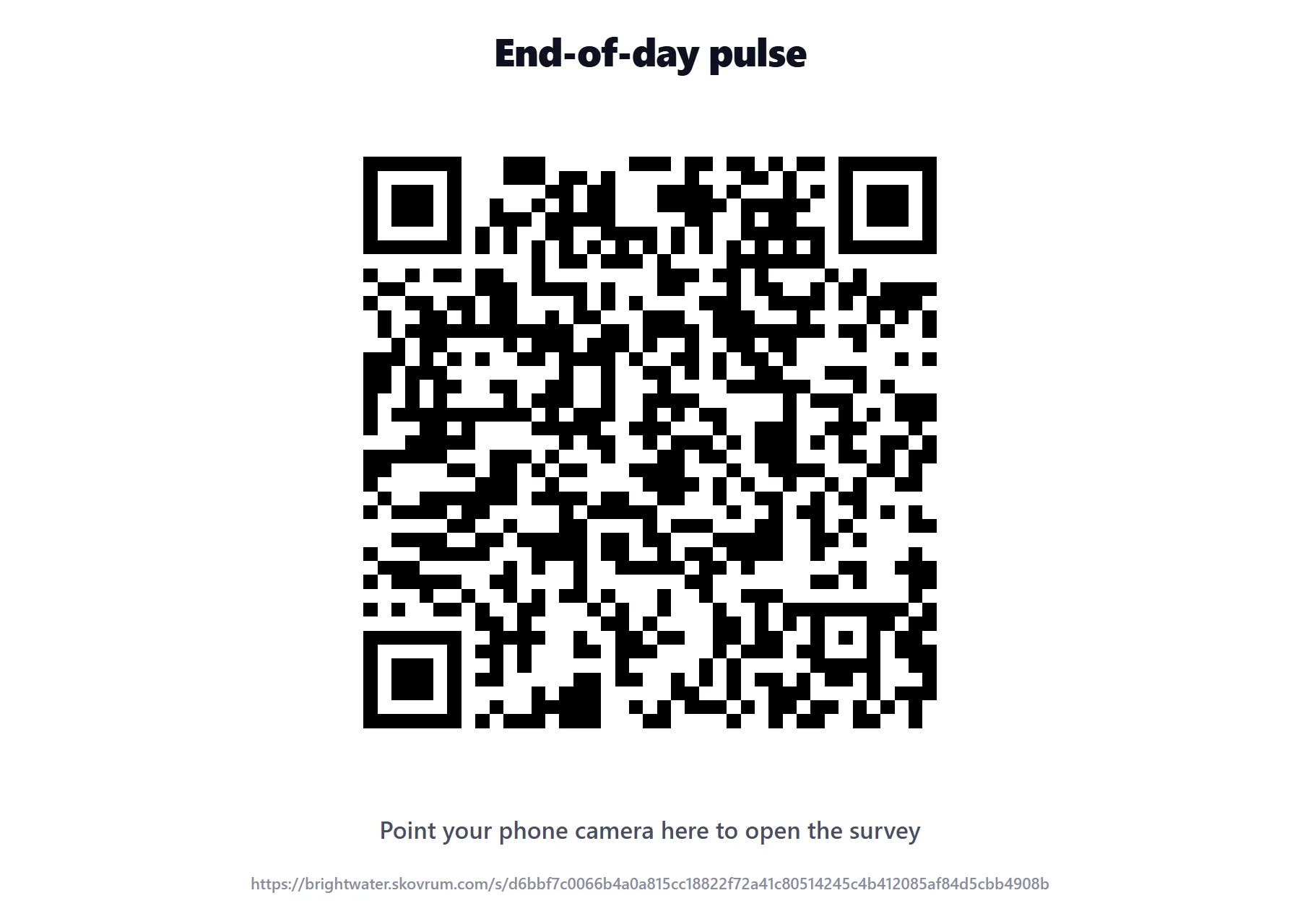 The full-screen QR window: the survey name, a large QR code, "Point your phone camera here to open the survey" and the link