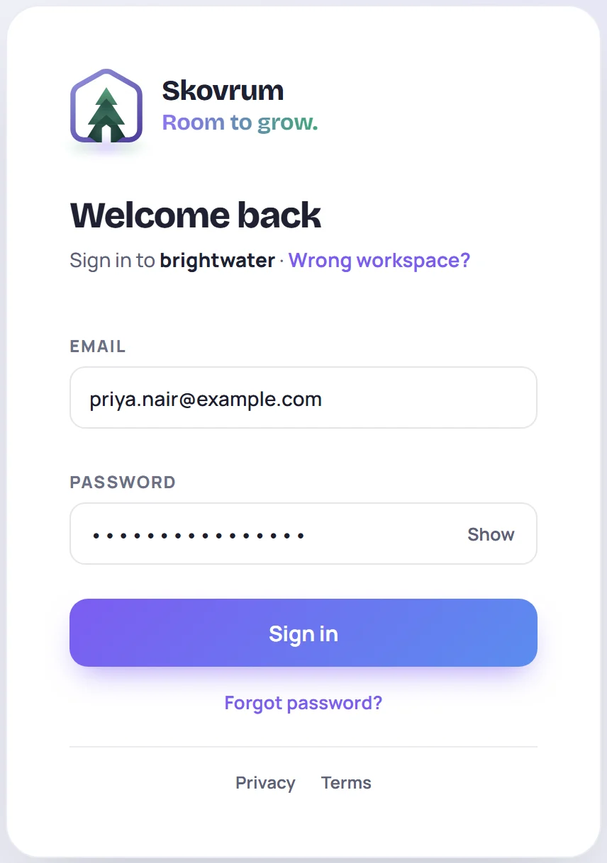 The sign-in screen for the brightwater workspace