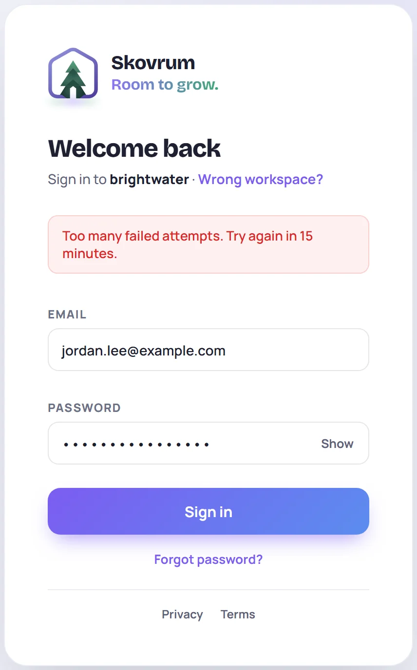 The sign-in screen showing Too many failed attempts. Try again in 15 minutes.