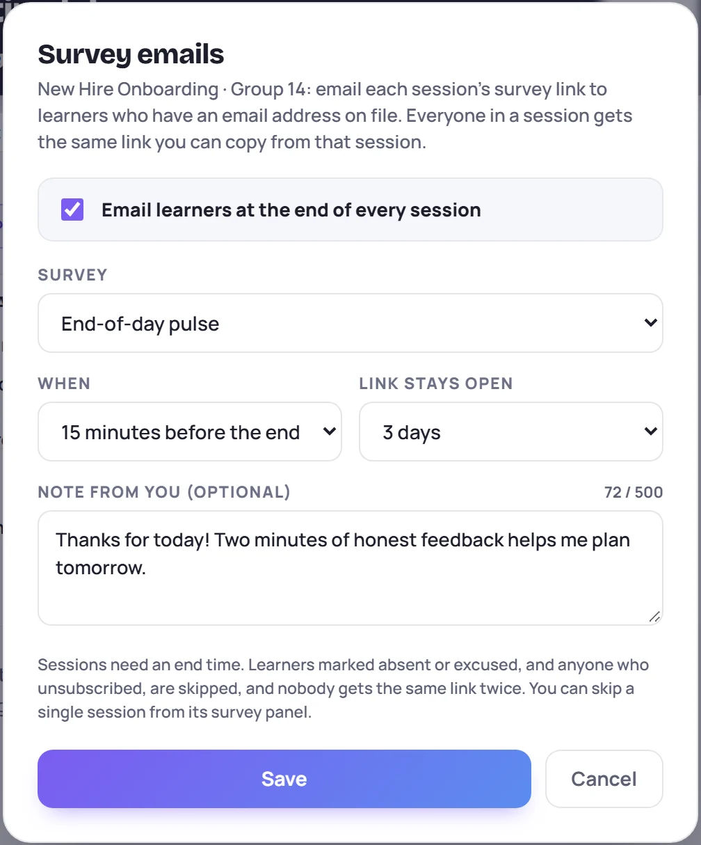 The Survey emails settings: the survey, when to send, how long the link stays open, and a note
