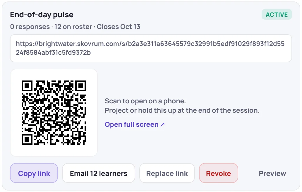 A live link with its QR code and the Email 12 learners button