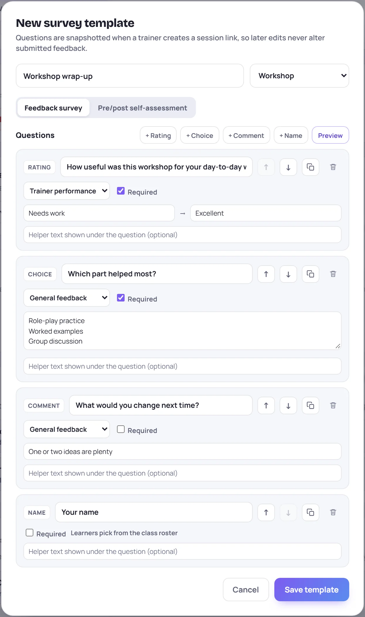 A new survey template with one question of each kind: Rating, Choice, Comment and Name
