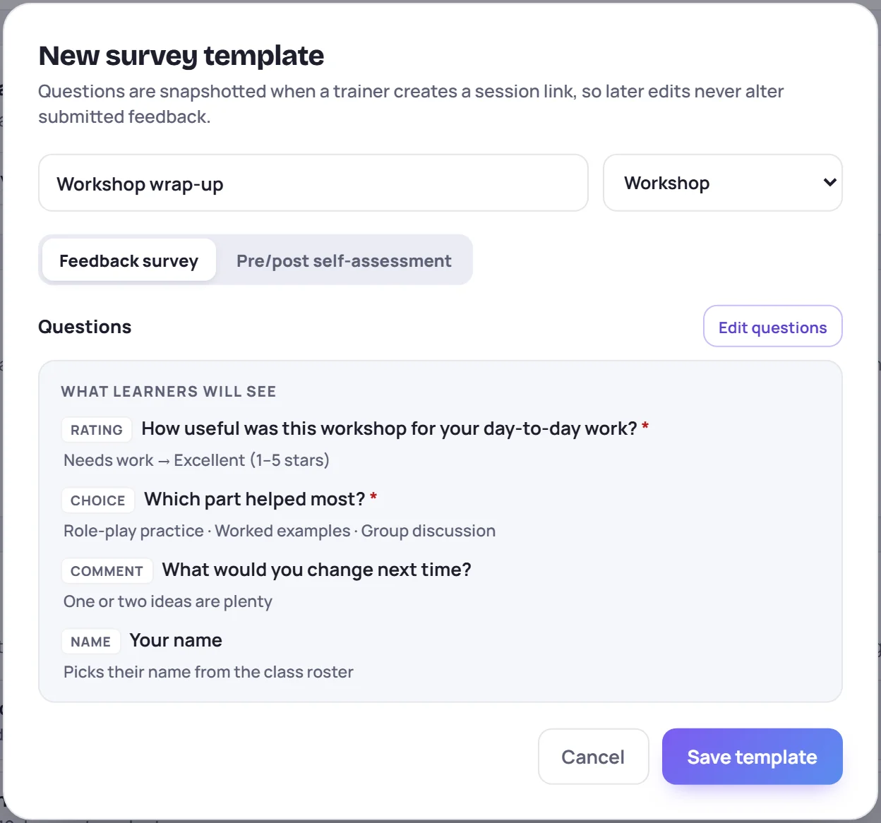 The preview: each question with its type, its scale or options, and a star on required questions
