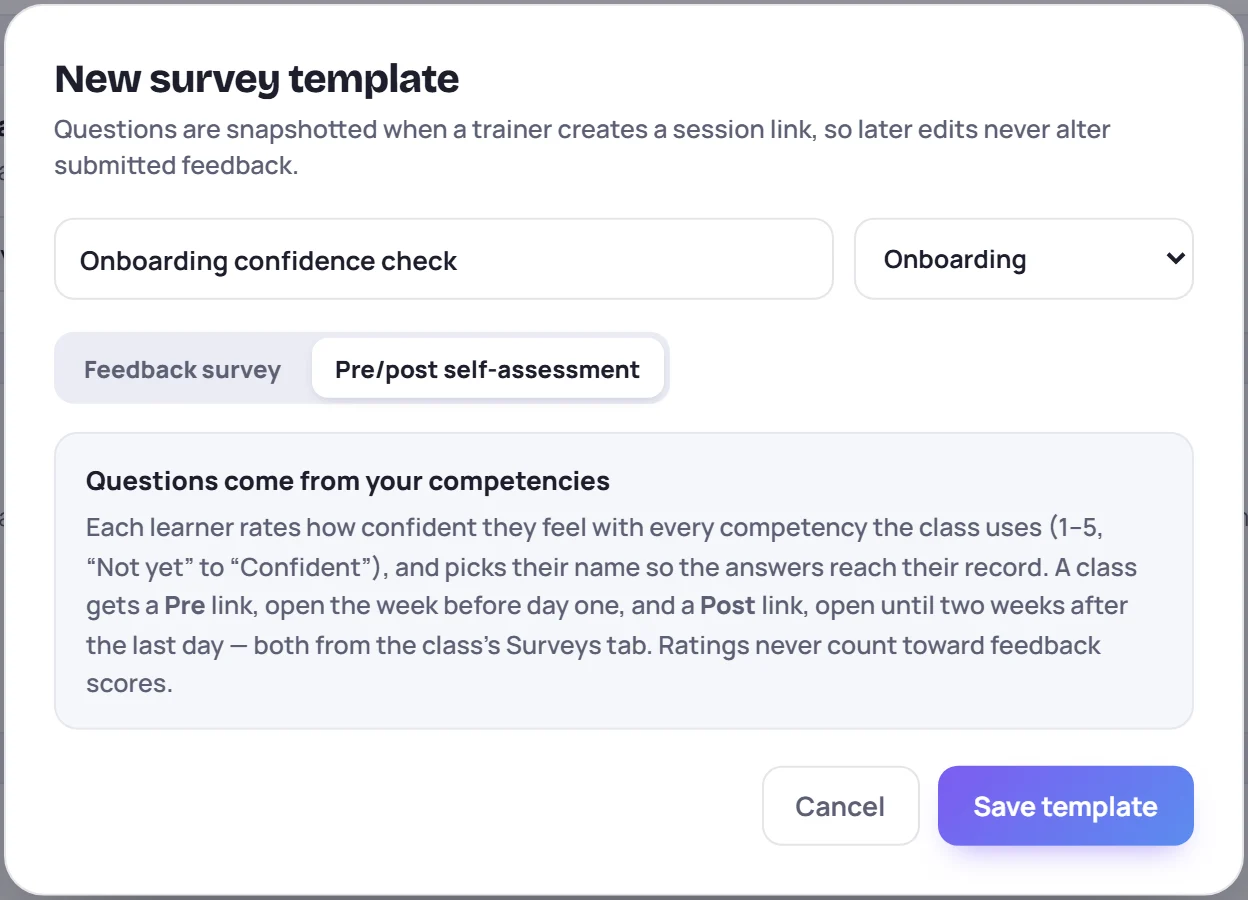 A self-assessment template: its questions come from your competencies