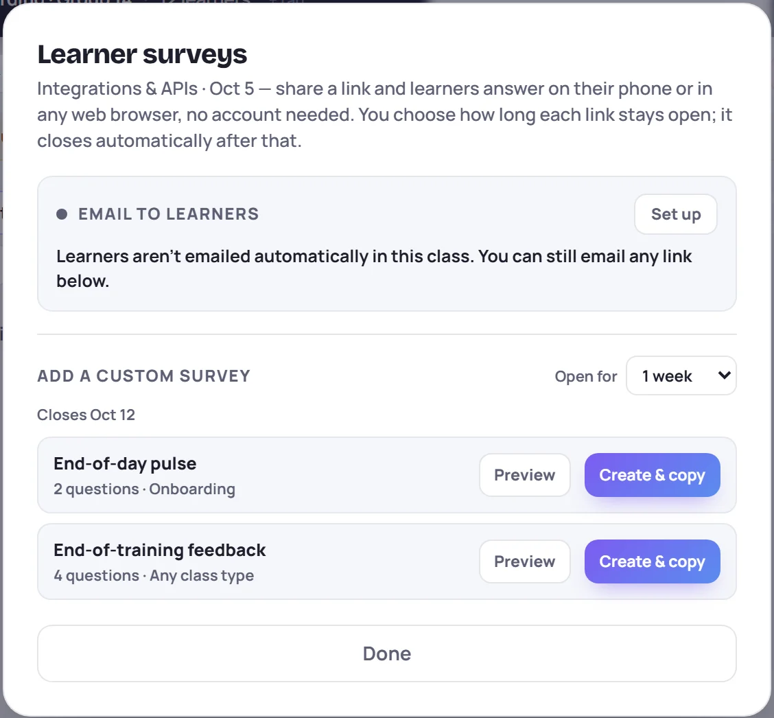 The survey panel for a session: the survey email status at the top, then the surveys that fit this class