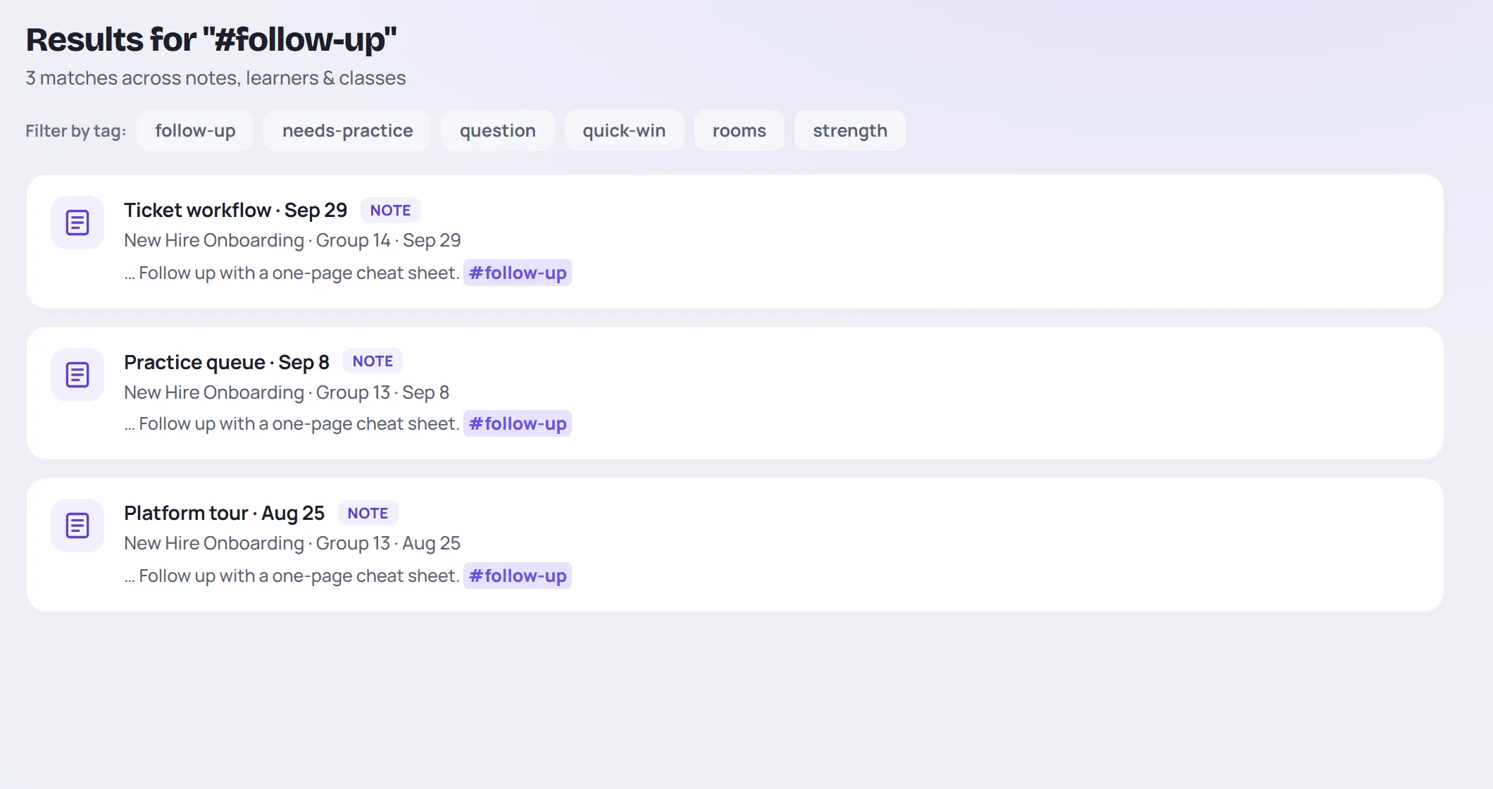 Search results for #follow-up, with the Filter by tag buttons above them
