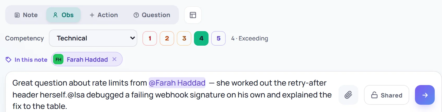 An observation about Isaac Mensah, linked to the Technical competency and rated 4 · Exceeding