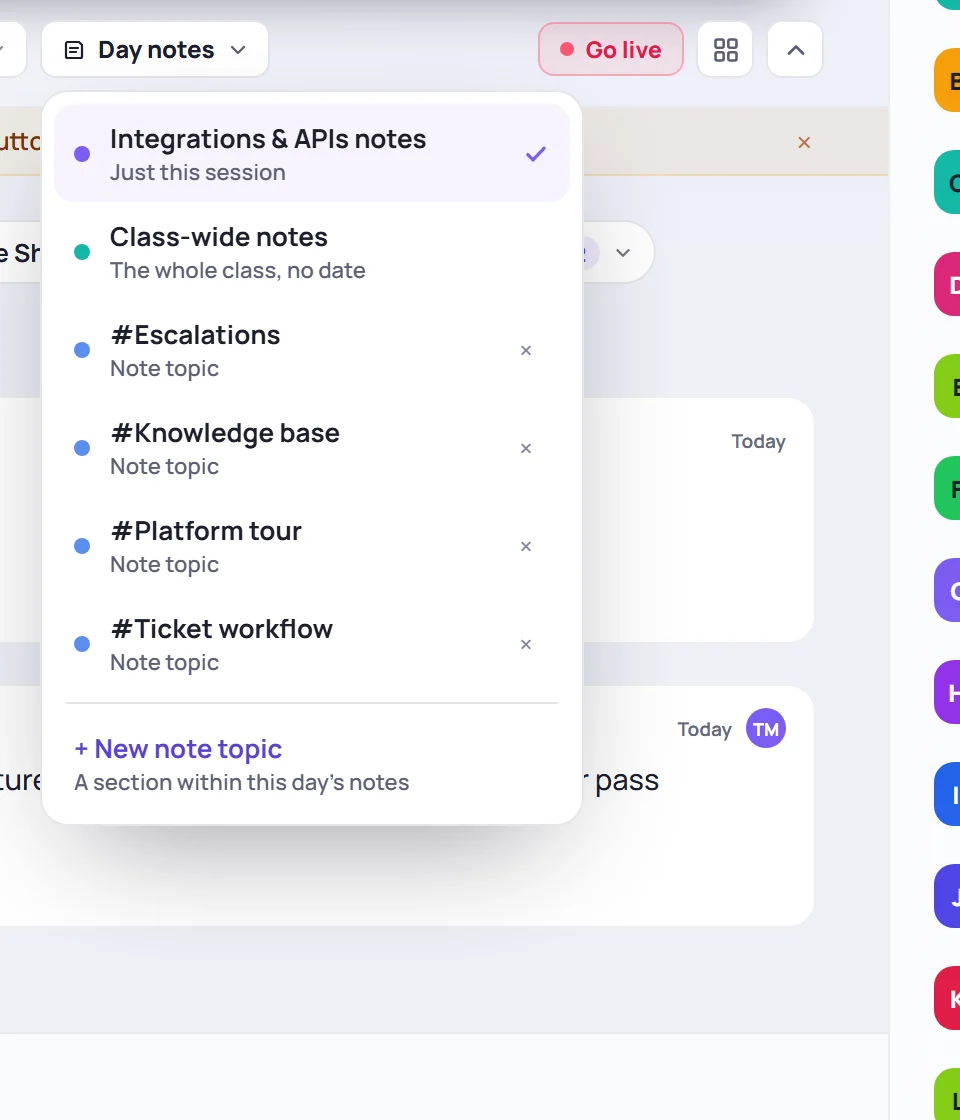 The notes menu: this session, class-wide notes, and note topics