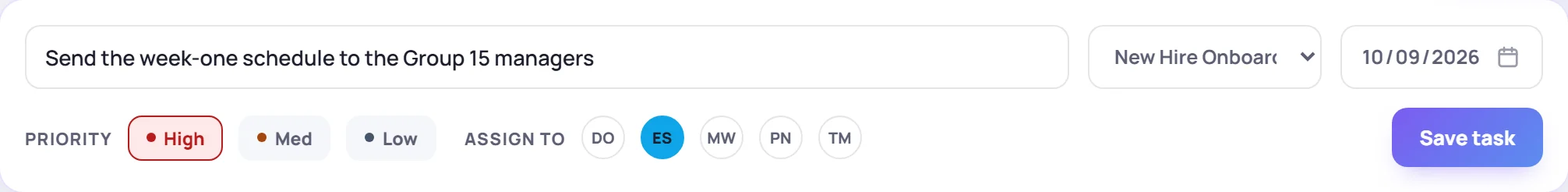 Adding a task: Send the week-one schedule to the Group 15 managers, for New Hire Onboarding · Group 15, due Oct 9, High, assigned to ES