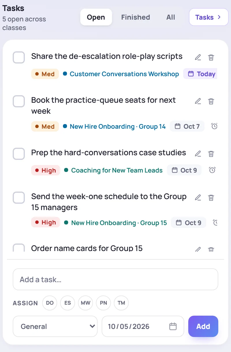 The Tasks card on Today: five open tasks, and below them Add a task…, Assign, a class, a date and Add