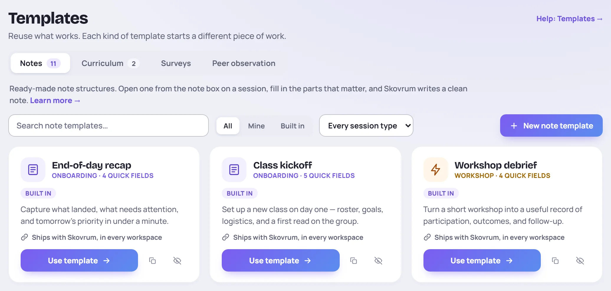 The Templates screen: a tab for each kind, a search box and filters, and a card for every template