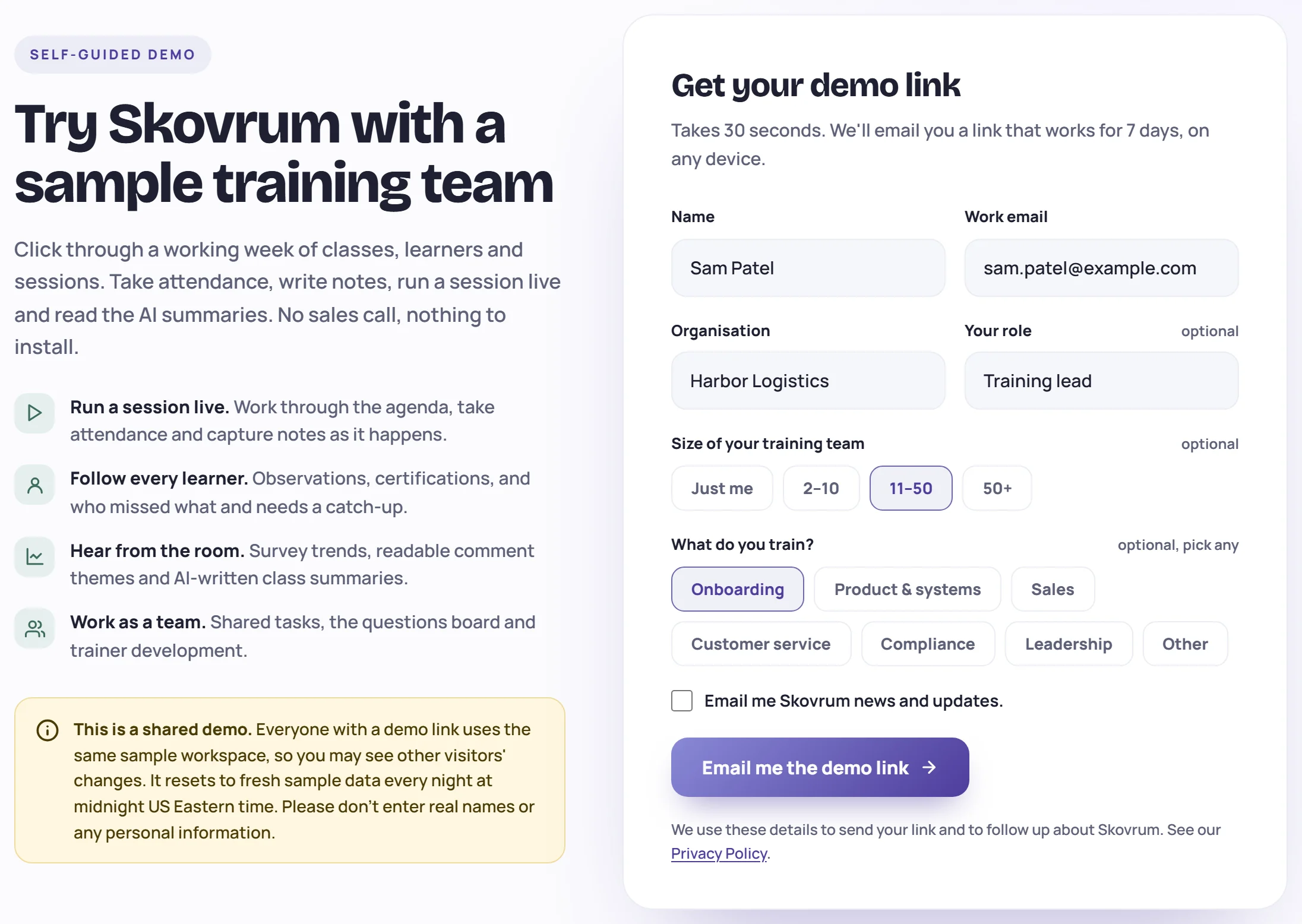 The demo page: what you can try on the left, and the form to get your link on the right